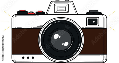 Stylized vintage film camera illustration emitting a bright flash, symbolizing classic photography, artistic creation, and memorable moments captured through a retro lens design