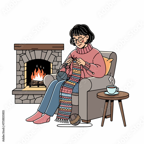 Knitting, it is a beautiful scene showing woman with glasses knitting, seated in armchair in living room with fireplace. Knitting project in cozy home, relaxing with yarn and needles,