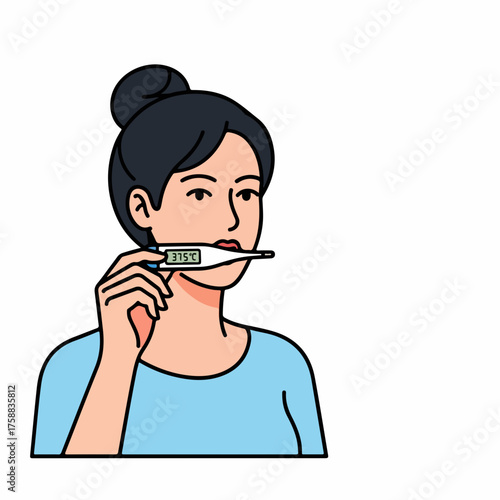 Woman with thermometer in mouth showing fever, person feeling sick. Thermometer indicating elevated temperature, woman taking temperature orally, checking for feverish symptoms.