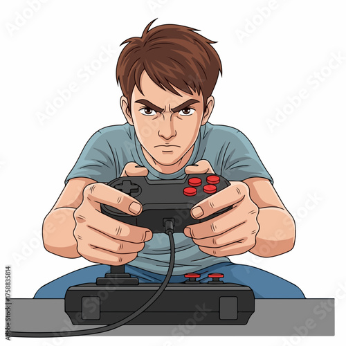 Young man playing video game with intense focus, engrossed in gaming session. Boy plays video game console, showing concentration and competitive spirit.