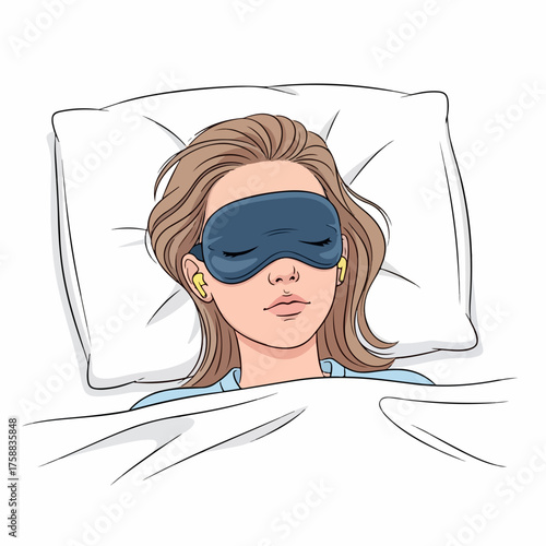 Woman sleeping soundly, wearing an eye mask to block light for better sleep. Sleeping woman resting comfortably in bed with a pillow and earplugs. Concept sleeping well for mental and physical health,