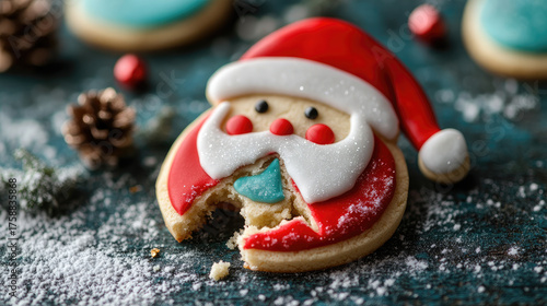 Wallpaper Mural Santa Claus sugar cookie, artfully decorated with vibrant red and white icing, lies fragmented on a dark, rustic surface, embodying the playful imperfections of home baking during Christmas Torontodigital.ca