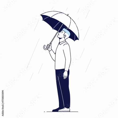Man with umbrella stands in rain, shielding himself from raindrops on overcast day. Man is seeking shelter, hoping rain will pass quickly.