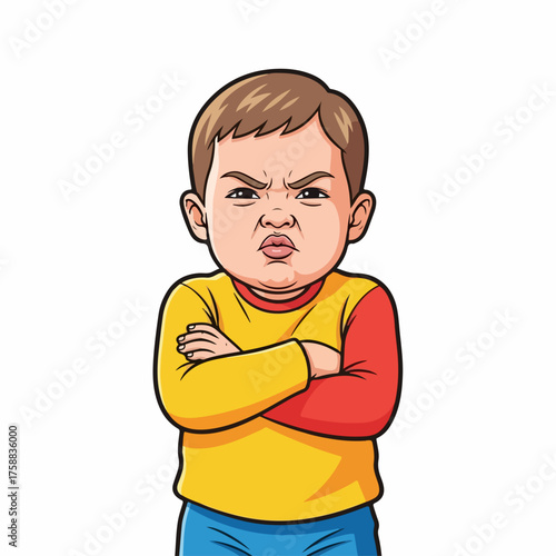 Cartoon grumpy kid with arms crossed and serious expression looking annoyed. Annoyed grumpy kid stands with a displeased face, featuring cartoon style.