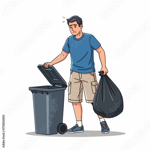 Stressed man taking out trash with a garbage bag and a trash can. Taking out trash on cleanup day is a chore. Depressed man taking out trash ,