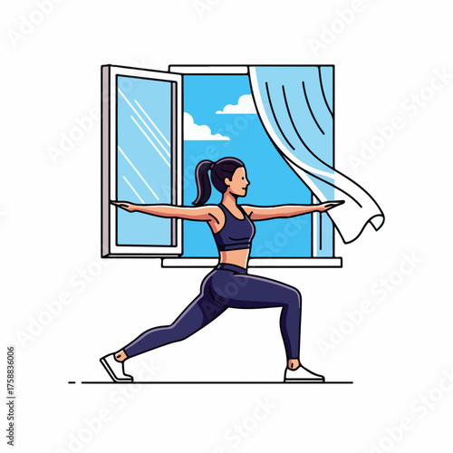 Young woman doing yoga pose in her bright apartment near open window, fresh air. Practicing yoga pose enhances flexibility and promotes inner peace.