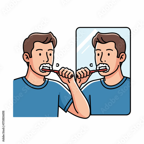 Man brushing teeth in front of mirror. Concept man brushing teeth includes morning routine for personal hygiene, with foam. Depicts man brushing teeth for healthy lifestyle, smiling in mirror,