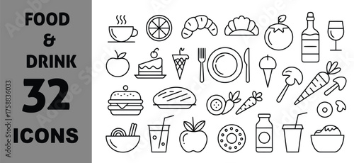Icon set vector art of collection of 32 food and drink icons