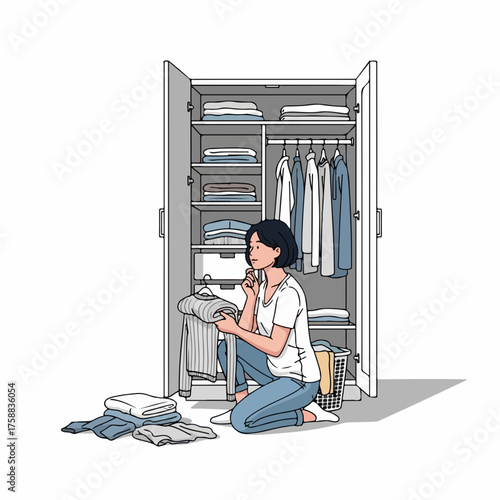 Woman choosing outfit from wardrobe closet, selecting clothing in room. Deciding outfit includes taking clothes and putting finger on her face, thinking which shirt to wear today.