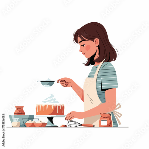Preparing homemade cake with icing sugar, enjoy sweet treat. Preparing cake involves mixing ingredients and dusting icing, adding a touch of sweetness. Concept preparing cake for dessert, birthday,