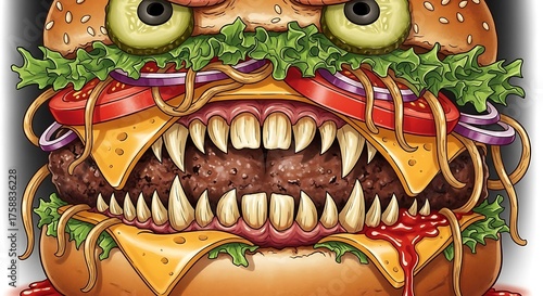 Horrifying Monster Burger with Sharp Teeth and Ghoulish Eyes.