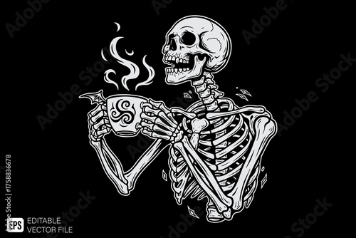 Skeleton enjoying a hot cup of coffee or tea.