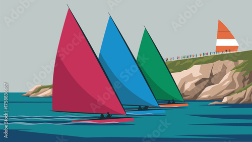 Colorful sailboats racing on the sea with spectators on the cliff watching the competition in the distance