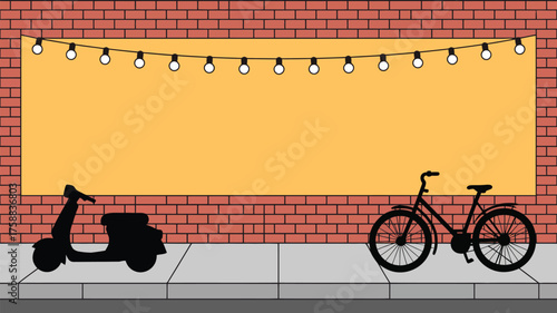 Brick wall with lights above yellow space and scooter and bicycle silhouettes on the sidewalk scene