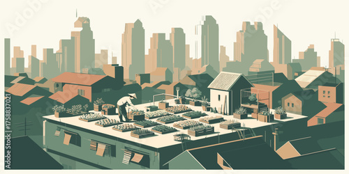 Urban Oasis Illustrated rooftop garden with a gardener tending vegetable beds, promoting sustainable living and green initiatives within a bustling city environment