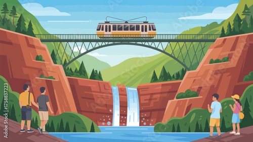 A scenic view of a train on a bridge above a waterfall with people enjoying the landscape around them