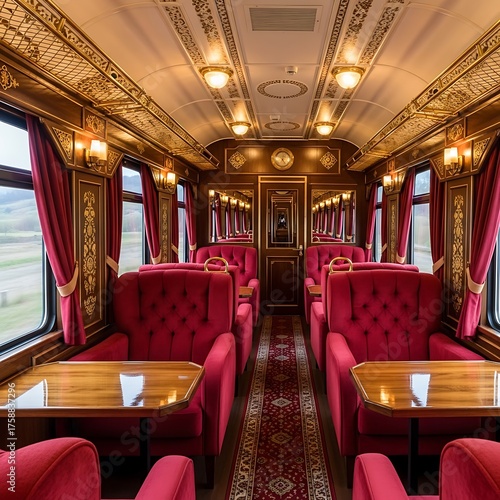 Luxurious red velvet seating and wooden tables fill a vintage train car, showcasing intricate golden details and elegant design.