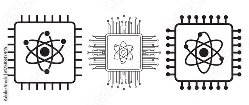 Vector icons of quantum chip with atomic symbol. Concept of futuristic processor, nanotechnology, AI, and digital computing design in minimal black outline style.