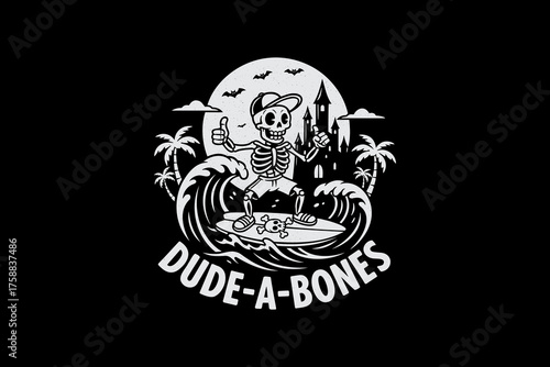 Cool Skeleton Surfer Dude-A-Bones Riding Waves at Night.
