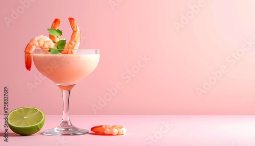 Shrimp cocktail with dipping sauce, isolated on pastel background, space for product