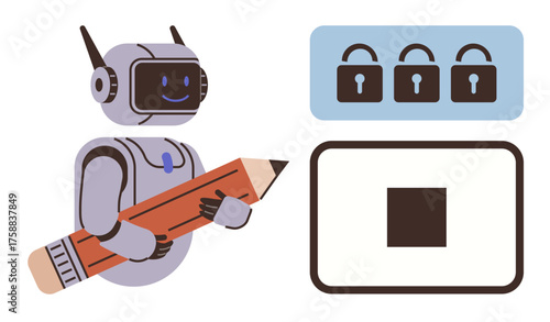 Humanoid robot holding a pencil next to padlocks and a square symbol. Ideal for creativity, writing, technology, innovation, cybersecurity, machine learning, and digital safety in simple flat