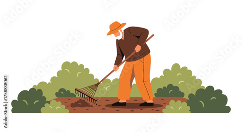 An old man wearing a straw hat rakes a garden plot.
