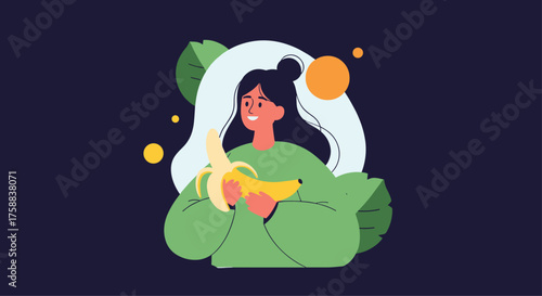 A person holding a peeled banana in a stylized illustration.