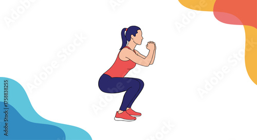 A woman performing a squat exercise in her workout clothes.