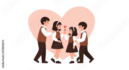 Two siblings giving hearts to each other in front of a heart.