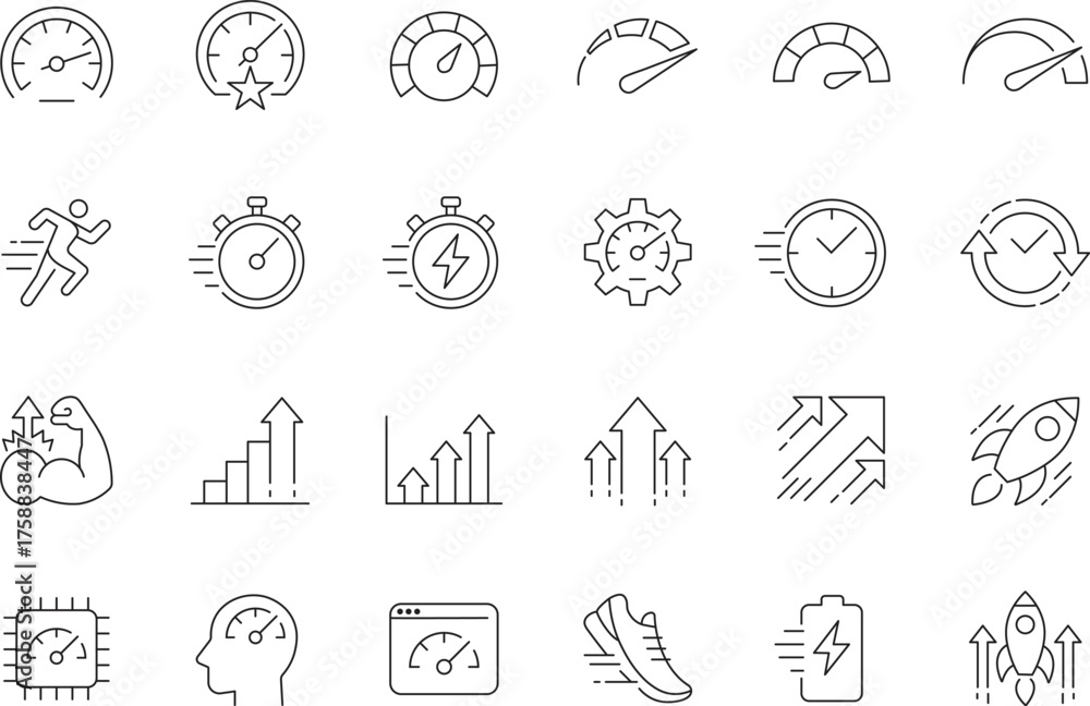 Fototapeta premium Modern thin line icon collection representing speed performance and progress with editable strokes