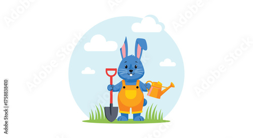 A blue bunny in overalls holding a shovel and watering can.