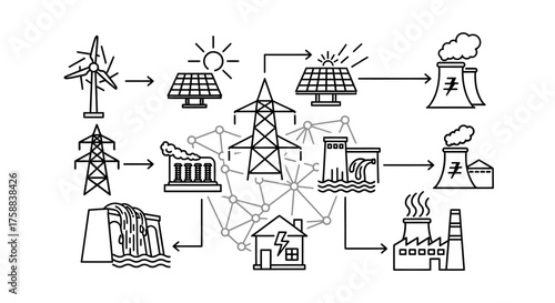 Diagram shows various energy sources feeding into a power grid connected to a house