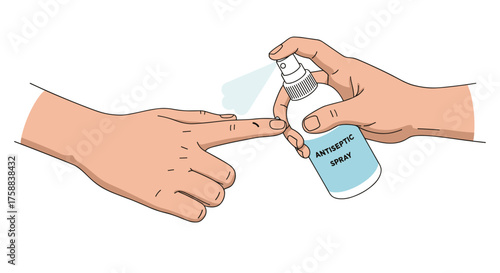 A person applying an antiseptic spray to a hand wound for disinfection
