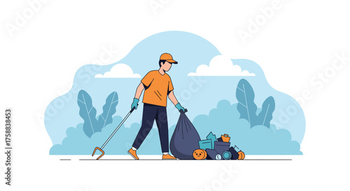 A person collecting garbage in a park on a sunny day.