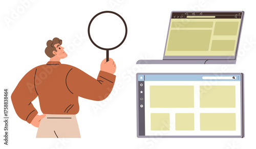 Young man using magnifying glass to examine content next to two open browser windows. Ideal for research, analysis, web design, SEO, data, internet search, user experience. Simple flat metaphor