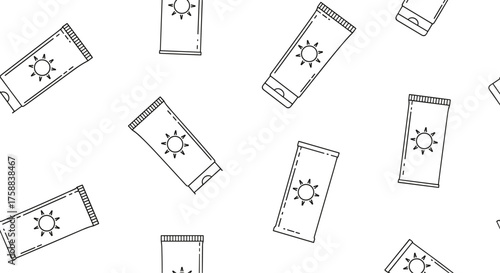 Seamless pattern of hand drawn sun cream tubes with sun symbols.