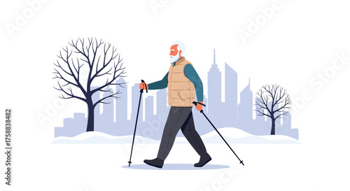 An elderly gentleman enjoys a brisk walk with ski poles in a snowy park.