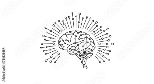 Stylized line art of a brain with connecting nodes and radiating lines