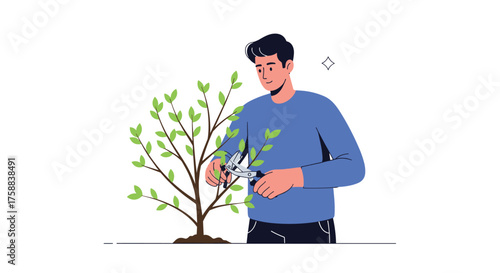 A person is trimming a small tree with scissors in an outdoor setting.