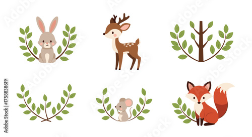 Cute forest animals and nature elements for decoration.
