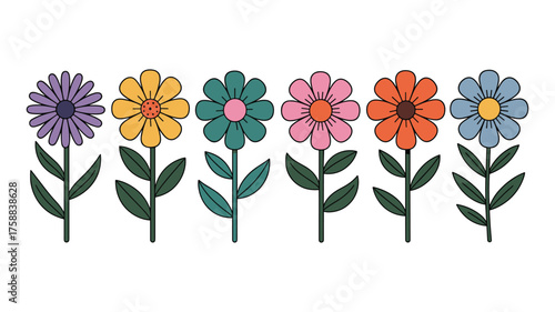 Six Stylized Flowers With Different Colored Petals And Green Stems On A White Background Keywords: flowers, floral, nature, garden, bloom, blossom, petal, stem, leaf, green, purple, yellow, teal