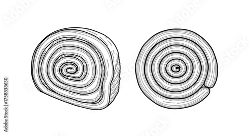 Two spiral motifs drawn in sketch style on a white background.