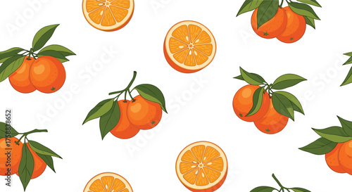 Seamless pattern of fresh citrus oranges with leaves and slices.