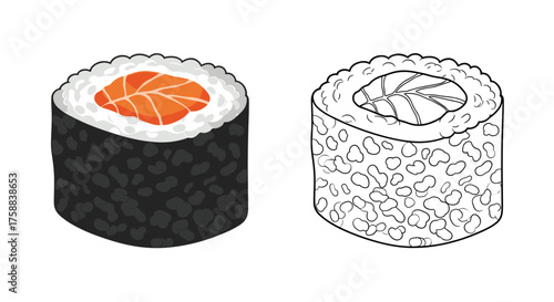 Two sushi rolls one colored and one outlined.