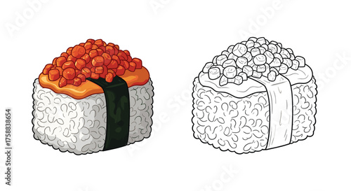 Two pixel art representations of sushi with salmon roe on top.