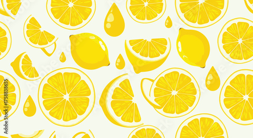 Vibrant yellow citrus fruit pattern with whole lemons and slices.