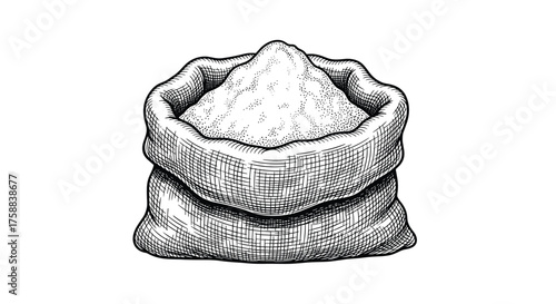 A burlap sack overflowing with a powdery substance like flour or sugar.