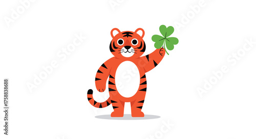 A cute tiger holding a lucky clover in its paw.