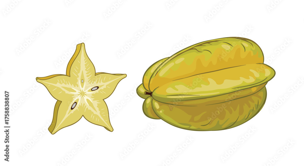 Fototapeta premium A whole star fruit and a sliced star fruit.