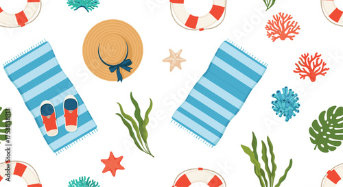 A delightful summer beach scene with assorted beach essentials and vibrant coral.
